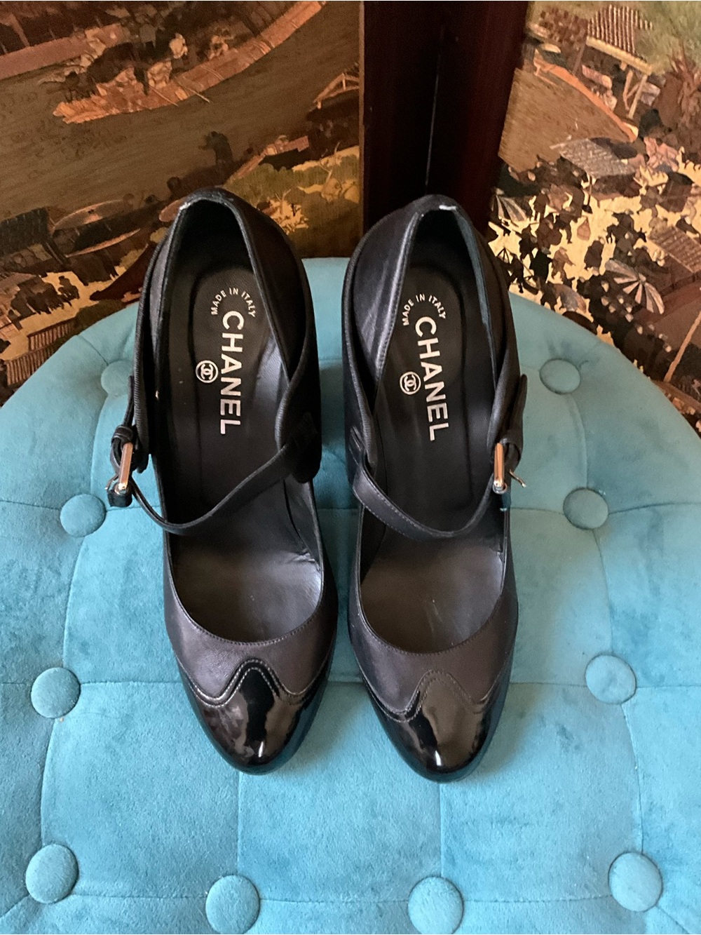 CHANEL Black Patent & Leather Mary Jane Pumps